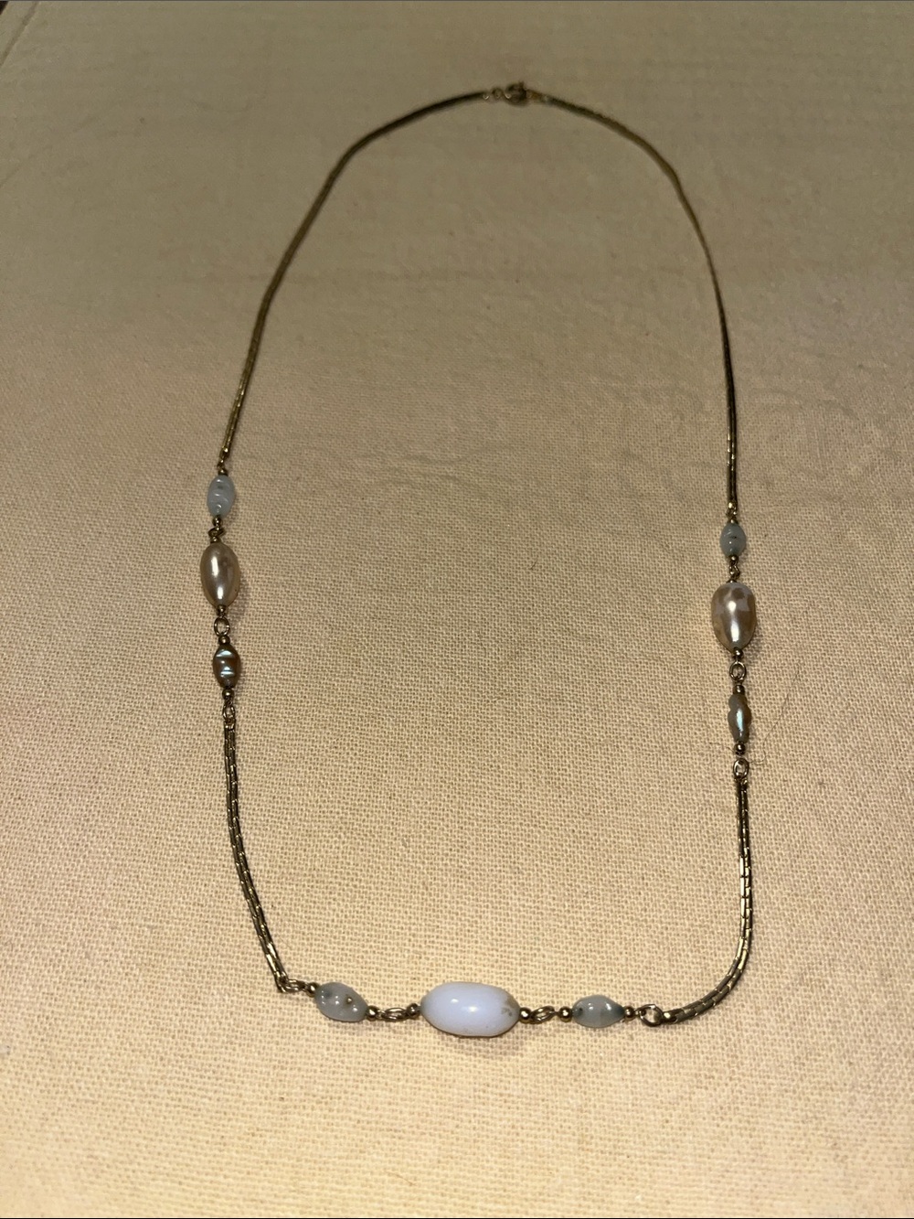 Delicate Gold Chain Necklace with White Bead Accents 12” fully clasped-Korea